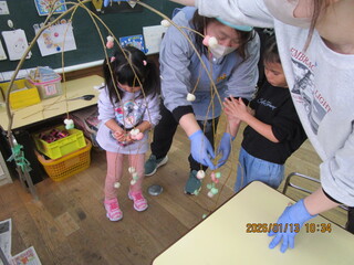 繭玉を柳の木に飾り付けをしています。