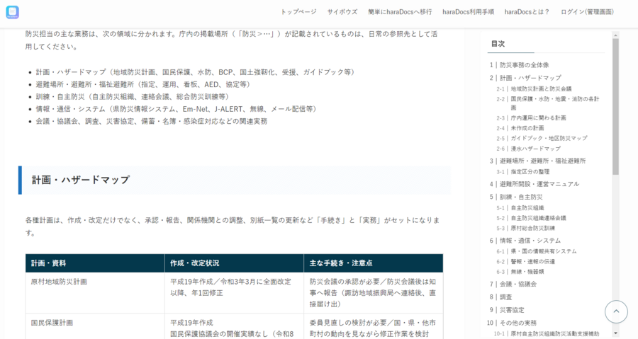 業務記事に表や目次を含めて整理している例