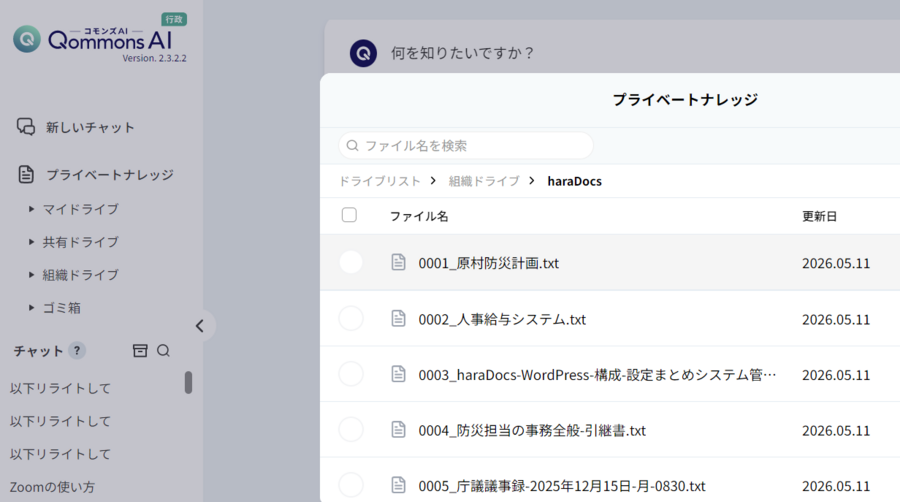 コモンズAIにharaDocsから出力したデータを登録している画面