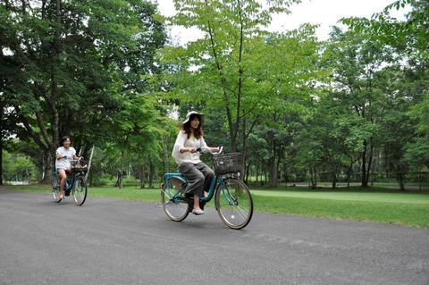 森をサイクリングする人